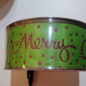 Merry Christmas Green Ribbon with Red Glitter Lettering and Dots